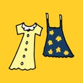 Thin black outline of yellow and blue dress for kids vector illustration on yellow background. hand drawn vector. doodle clothes a