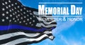 Thin Blue Line. Black Flag of USA with Police Blue Line waving in the wind on flagpole against the sky with clouds on sunny day Royalty Free Stock Photo