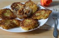Thin brown potato hashbrown pancakes with onion and lard Royalty Free Stock Photo