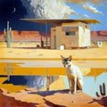 Thin cat by building in desert by water