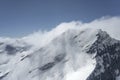 Thin clouds shadows snow on Fastness peak, from east, New Zealand