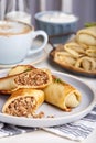 Thin crepe pancakes stuffed with beef meat and eggs