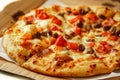 Thin crust Pizza, close up photo of a delicious pizza with mozzarella cheese, onions, meat, tomato Royalty Free Stock Photo