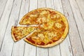 Thin crust pizza with thin tomato slices, melted mozzarella cheese, tomato sauce Royalty Free Stock Photo