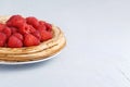 Thin delicious pancakes decorated with fresh raspberries on the white plate. Copy space Royalty Free Stock Photo