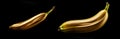 Thin dried and juicy thick bananas on a black background. Before and after two bananas for comparison