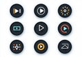 A thin, editable icon set featuring a music play button, sound mute, and pause button, along with a microphone, camera