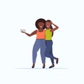 Thin and fat girls taking selfie photo on smartphone camera african american smiling women couple standing together flat Royalty Free Stock Photo