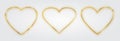 Thin gold heart frame set. Golden realistic heart border. Luxury symbol of love.