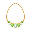 Thin necklace with green and transparent gems. Vector illustration on white background.
