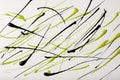 Thin green and black lines and splashes drawn on white background. Abstract art backdrop