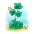 Thin green tree with two cute stylized orange birds.