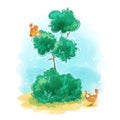 Thin green tree with two cute stylized orange birds. Royalty Free Stock Photo