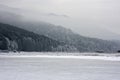 The thin ice on a mountain lake with forest in fog in background