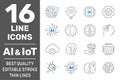 Thin icon set with machine learning, smart robotic, cloud computing network, digital AI and IoT technology. Editable Stroke Royalty Free Stock Photo