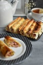 Thin lavash with filling - these are dressed dishes from the most usual products.... Delicious and gentle lavash roll with crab st Royalty Free Stock Photo