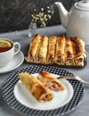 Thin lavash with filling - these are dressed dishes from the most usual products.... Delicious and gentle lavash roll with crab st Royalty Free Stock Photo