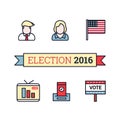 Thin line art icons set. American election 2016. US President, flag, live translation, vote sign and ballot. Royalty Free Stock Photo