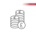Thin line british pound coin stack icon. Outline, editable british pounds coins stacks icon. Royalty Free Stock Photo