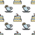 Thin line cake and tea cup seamless pattern