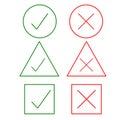 Thin line check mark icons. Green tick and red cross checkmarks flat line icons set. Vector illustration on white Royalty Free Stock Photo