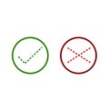 Thin line check mark icons. Green tick and red cross checkmarks flat line icons set. Vector illustration on white. Royalty Free Stock Photo