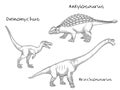 Thin line engraving style illustrations, various kinds of prehistoric dinosaurs, it includes deinonychus, ankylosaurus