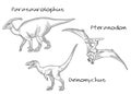 Thin line engraving style illustrations, various kinds of prehistoric dinosaurs, it includes parasaurolophus, pteranodon