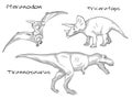 Thin line engraving style illustrations, various kinds of prehistoric dinosaurs, it includes pteranodon, tyrannosaurus t