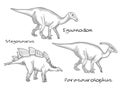 Thin line engraving style illustrations, various kinds of prehistoric dinosaurs, it includes stegosaurus