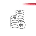 Thin line euro coin stack icon. Outline, editable euros coins stacks icon.