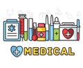 Thin line first medical aid modern illustration concept. Infographic way from medicine chest to equpment. Icons on isolated white Royalty Free Stock Photo