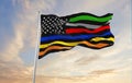 Thin Line First Responder flag waving at cloudy sky background on sunset, panoramic view. copy space for wide banner. 3d