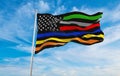 Thin Line First Responder flag waving at cloudy sky background on sunset, panoramic view. copy space for wide banner. 3d Royalty Free Stock Photo