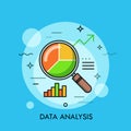 Thin line flat design of data analysis magnifier with pie chart