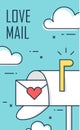 Thin line flat design greeting card for Valentine`s day. Background with mailbox, envelope and clouds.