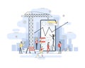 Thin line flat design of mobile app construction site, smartphone user interface building process, api coding for phone Royalty Free Stock Photo