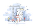 Thin line flat design of mobile app construction site, smartphone user interface building process, api coding for phone