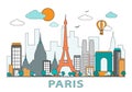 Thin line flat design of Paris city. Modern Paris skyline with landmarks vector illustration, isolated. Royalty Free Stock Photo