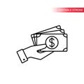 Thin line hand holding money icon. Hand with banknotes. Cash payment icon. Royalty Free Stock Photo