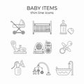 Thin line icons set of baby or infant first need items