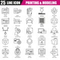 Thin line icons set of 3D printing and modeling technology