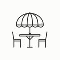 Thin line icons set. Table and chair outside. Outdoors. Silhouette street cafe, restaurant sign. Food service. Patio