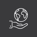 Line save world, earth in hand icon on dark background Royalty Free Stock Photo