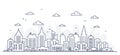 Thin line style city panorama. Illustration of urban landscape street with cars, skyline city office buildings, on light