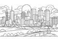 Thin line style city panorama. Outline cityscape Wide horizontal panorama. Black white vector