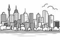 Thin line style city panorama. Outline cityscape Wide horizontal panorama. Black white vector