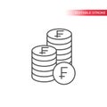 Thin line swiss franc coin stack icon. Outline, editable swiss franc coins stacks icon.