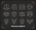 Thin line vector zodiacal symbols. Astrology, horoscope sign, graphic design elements, printing template. Vintage