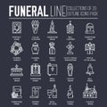 Thin lines collection icons set dedicated to funeral, death, and cemetery. Vector outline ritual attributes for life of